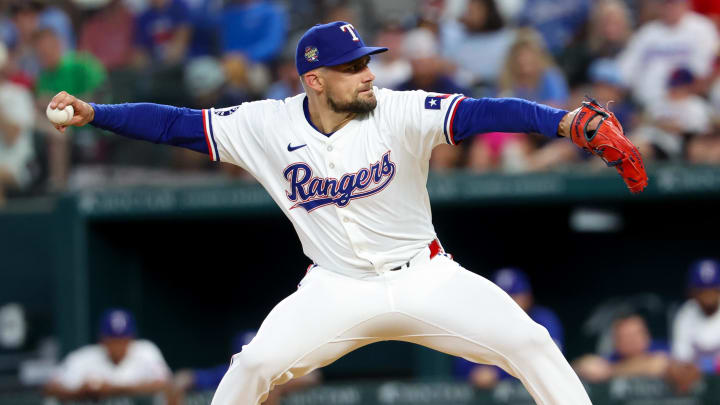 Texas Rangers starting pitcher Nathan Eovaldi (17) throws during the first inning against the San Diego Padres 