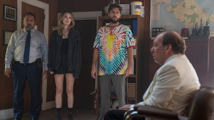 Sirens. (L to R) Felix Solis as Jose, Meghann Fahy as Devon, Josh Segarra as Raymond, Bill Camp as Bruce in episode 105 of Sirens