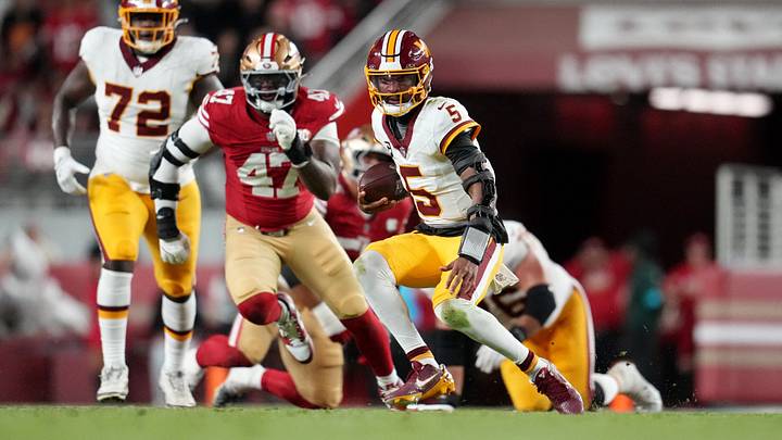 Oct 19, 2026; Santa Clara, California, USA; Washington Commanders quarterback Jayden Daniels (5) scrambles during the fourth quarter against the San Francisco 49ers at Levi's Stadium. Mandatory Credit: Cary Edmondson-Imagn Images Oct 19, 2026; Santa Clara, California, USA; Washington Commanders quarterback Jayden Daniels (5) scrambles during the fourth quarter against the San Francisco 49ers at Levi's Stadium. Mandatory Credit: Cary Edmondson-Imagn Images