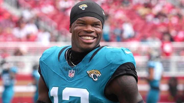 Sep 28, 2025; Santa Clara, California, USA; Jacksonville Jaguars wide receiver Travis Hunter (12) before the game against the San Francisco 49ers at Levi's Stadium. Mandatory Credit: Darren Yamashita-Imagn Images Sep 28, 2025; Santa Clara, California, USA; Jacksonville Jaguars wide receiver Travis Hunter (12) before the game against the San Francisco 49ers at Levi's Stadium. Mandatory Credit: Darren Yamashita-Imagn Images