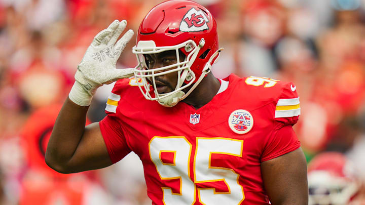 Sep 14, 2025; Kansas City, Missouri, USA; Kansas City Chiefs defensive tackle Chris Jones (95) reacts during the first half against the Philadelphia Eagles at GEHA Field at Arrowhead Stadium. Mandatory Credit: Jay Biggerstaff-Imagn Images Sep 14, 2025; Kansas City, Missouri, USA; Kansas City Chiefs defensive tackle Chris Jones (95) reacts during the first half against the Philadelphia Eagles at GEHA Field at Arrowhead Stadium. Mandatory Credit: Jay Biggerstaff-Imagn Images