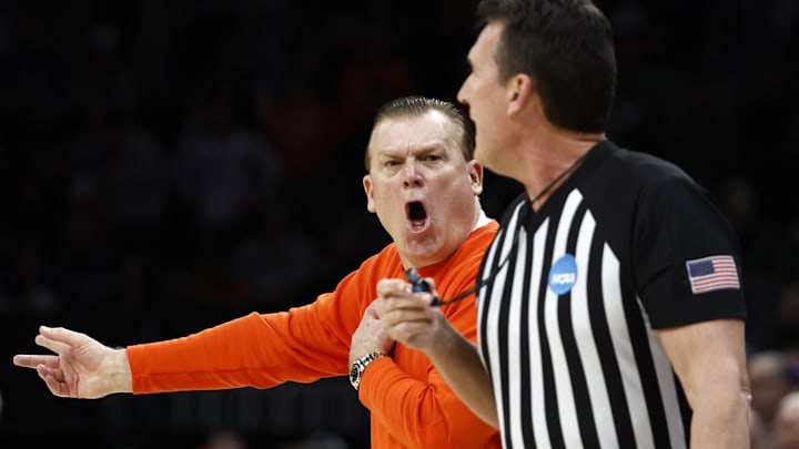 Mar 30, 2024; Boston, MA, USA; Illinois Fighting Illini head coach Brad Underwood reacts against the Connecticut Huskies in the finals of the East Regional of the 2024 NCAA Tournament at TD Garden. Mandatory Credit: Winslow Townson-Imagn Images