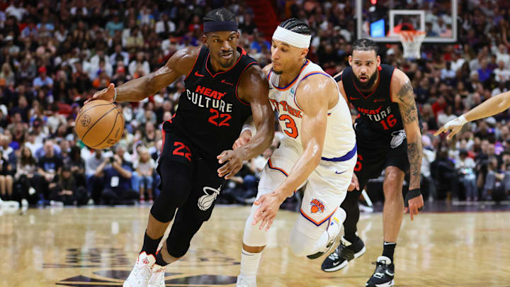 Apr 2, 2024; Miami, Florida, USA; Miami Heat forward Jimmy Butler (22) drives to the basket against New York Knicks guard Josh Hart (3) during the fourth quarter at Kaseya Center. Mandatory Credit: Sam Navarro-Imagn Images Apr 2, 2024; Miami, Florida, USA; Miami Heat forward Jimmy Butler (22) drives to the basket against New York Knicks guard Josh Hart (3) during the fourth quarter at Kaseya Center. Mandatory Credit: Sam Navarro-Imagn Images