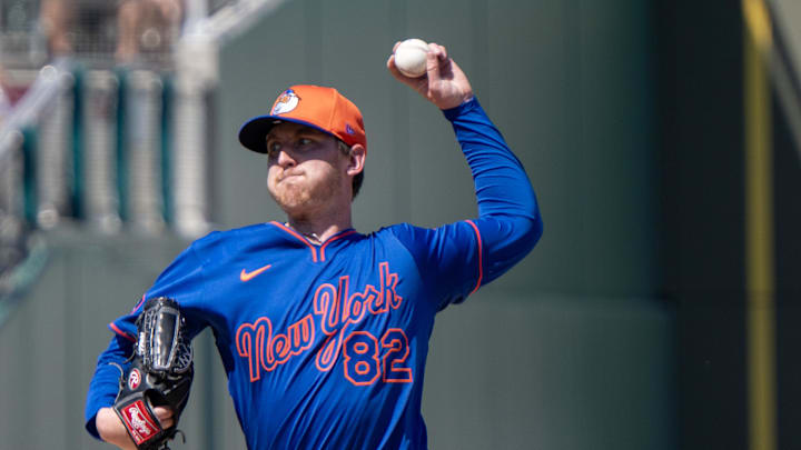 Mar 2, 2025; Fort Myers, Florida, USA; New York Mets pitcher Brandon Waddell (82) during the third inning of their game with the Boston Red Sox at JetBlue Park at Fenway South. Mandatory Credit: Chris Tilley-Imagn Images