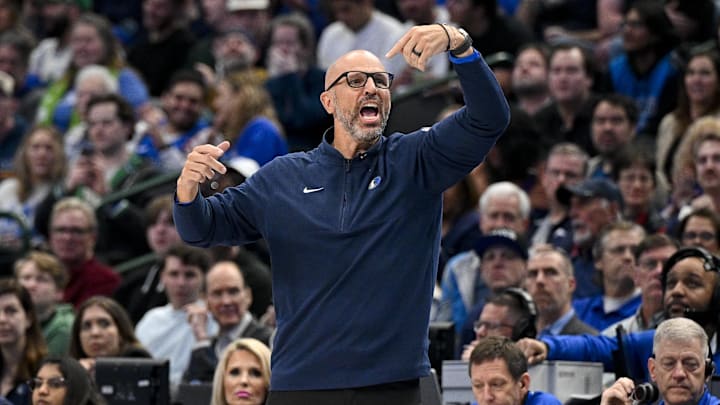 Mar 7, 2024; Dallas, Texas, USA; Dallas Mavericks head coach Jason Kidd yells to his team during the