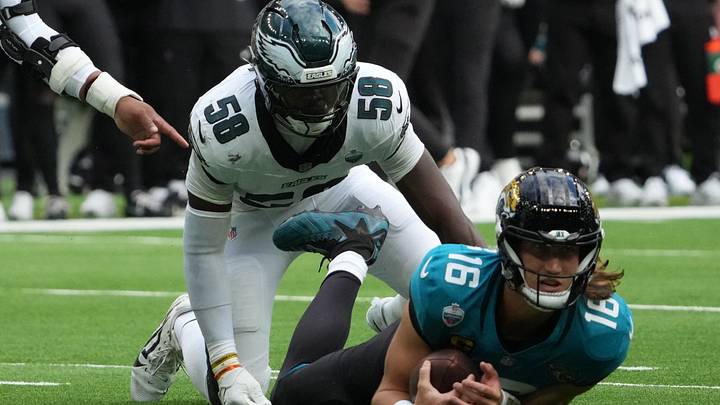 Oct 11, 2026; Tottenham, ENG; Jacksonville Jaguars quarterback Trevor Lawrence (16) is sacked by Philadelphia Eagles linebacker Jalyx Hunt (58) during the first half at Tottenham Hotspur Stadium. Mandatory Credit: Kirby Lee-Imagn Images Oct 11, 2026; Tottenham, ENG; Jacksonville Jaguars quarterback Trevor Lawrence (16) is sacked by Philadelphia Eagles linebacker Jalyx Hunt (58) during the first half at Tottenham Hotspur Stadium. Mandatory Credit: Kirby Lee-Imagn Images