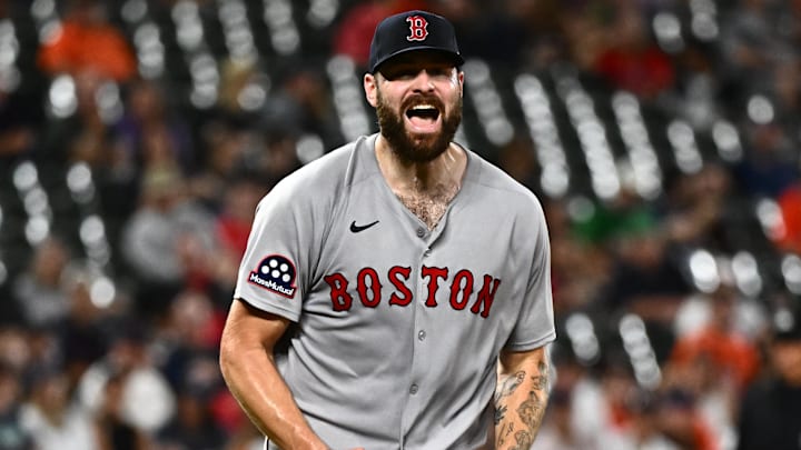 Aug 26, 2025; Baltimore, Maryland, USA; Boston Red Sox pitcher Lucas Giolito (54) reacts to a strikeout to end the eighth inning against the Baltimore Orioles at Oriole Park at Camden Yards. Mandatory Credit: James A. Pittman-Imagn Images