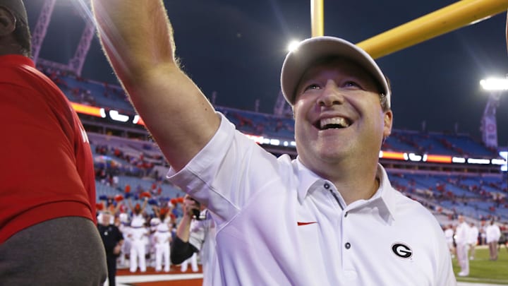 Oct 27, 2018; Jacksonville, FL, USA; Georgia Bulldogs head coach Kirby Smart smiles after defeating the Florida Gators at TIAA Bank Field. Mandatory Credit: Kim Klement-Imagn Images