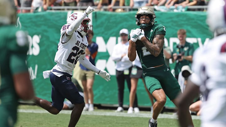 Chas Nimrod pulls in one of his two touchdowns against South Carolina State. His production at wide receiver has been a major plus for USF's offense.
