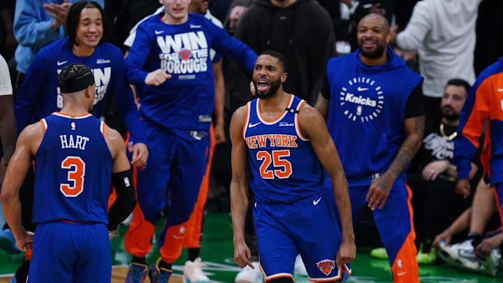 May 5, 2025; Boston, Massachusetts, USA; New York Knicks forward Mikal Bridges (25) reacts after stripping the ball from Boston Celtics guard Jaylen Brown (7) (not pictured) winning the game in overtime during game one of the second round for the 2025 NBA Playoffs at TD Garden. Mandatory Credit: David Butler II-Imagn Images