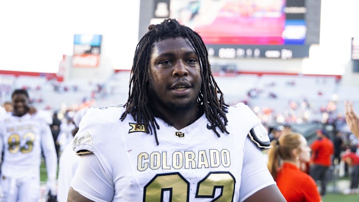 Oct 19, 2024; Tucson, Arizona, USA; Colorado Buffalos defensive tackle Anquin Barnes Jr. (92) against the Arizona Wildcats at Arizona Stadium. Mandatory Credit: Mark J. Rebilas-Imagn Images