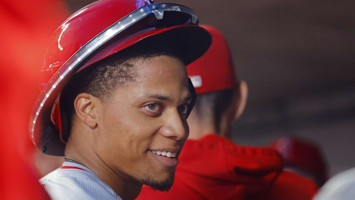 Sep 11, 2024; Minneapolis, Minnesota, USA; Los Angeles Angels right fielder Jordyn Adams (39) celebrates his solo home run against the Minnesota Twins in the sixth inning at Target Field. 
