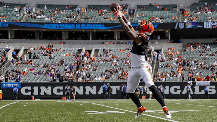 Sep 17, 2023; Cincinnati, Ohio, USA; Cincinnati Bengals wide receiver Ja'Marr Chase (1) catches a