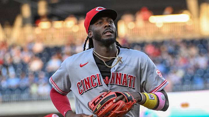 Aug 8, 2026; Washington, District of Columbia, USA; Cincinnati Reds shortstop Elly de la Cruz (44) on the field against the Washington Nationals during the second inning at Nationals Park. Mandatory Credit: Brad Mills-Imagn Images