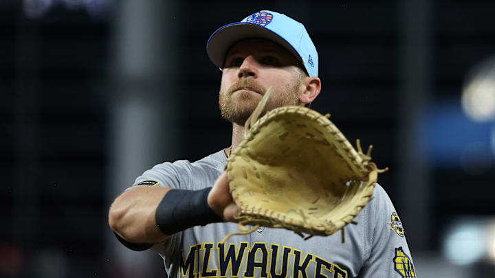 Milwaukee Brewers first baseman Jake Bauers warms up against the Miami Marlins.