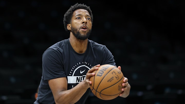 Mar 16, 2026; Brooklyn, New York, USA; Brooklyn Nets forward Chaney Johnson (31) warms up before the game against the Portland Trail Blazers at Barclays Center. Mandatory Credit: Vincent Carchietta-Imagn Images