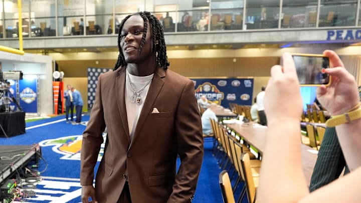 July 16, 2025; Atlanta, GA, USA; Alabama linebacker Deontae Lawson smiles as he is interviewed during SEC Media Days at the College Football Hall of Fame in Atlanta.