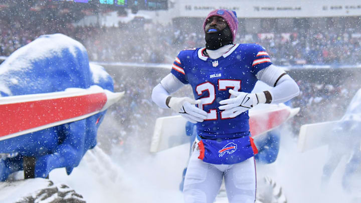 Dec 7, 2025; Orchard Park, New York, USA; Buffalo Bills cornerback Tre'Davious White (27) enters the field before the game against the Cincinnati Bengals at Highmark Stadium.