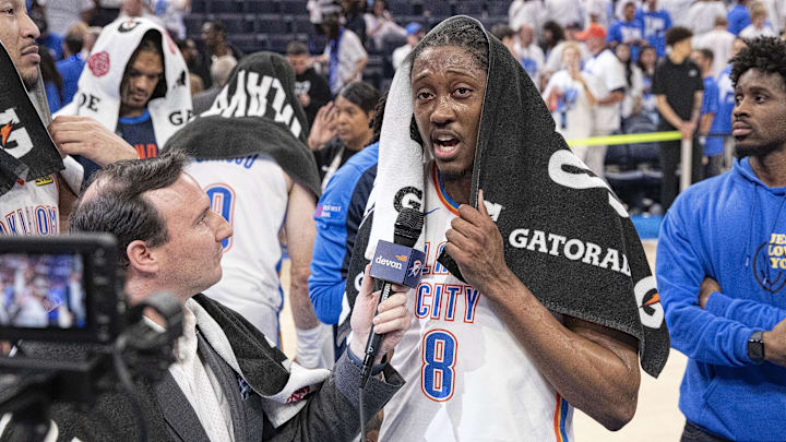 May 13, 2025; Oklahoma City, Oklahoma, USA; Oklahoma City Thunder forward Jalen Williams (8) talks to tv reporters after his team defeated the Denver Nuggets during the  game five of the second round for the 2025 NBA Playoffs at Paycom Center. Mandatory Credit: Alonzo Adams-Imagn Images