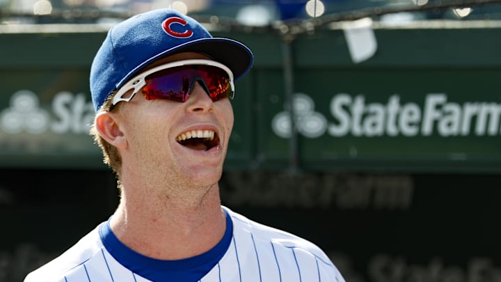 Sep 28, 2025; Chicago, Illinois, USA; Chicago Cubs center fielder Pete Crow-Armstrong (4) smiles before a baseball game against the St. Louis Cardinals at Wrigley Field. Mandatory Credit: Kamil Krzaczynski-Imagn Images