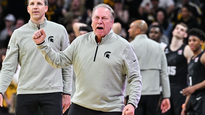 Mar 6, 2025; Iowa City, Iowa, USA; Michigan State Spartans head coach Tom Izzo reacts during the second half against the Iowa Hawkeyes at Carver-Hawkeye Arena. Mandatory Credit: Jeffrey Becker-Imagn Images Mar 6, 2025; Iowa City, Iowa, USA; Michigan State Spartans head coach Tom Izzo reacts during the second half against the Iowa Hawkeyes at Carver-Hawkeye Arena. Mandatory Credit: Jeffrey Becker-Imagn Images