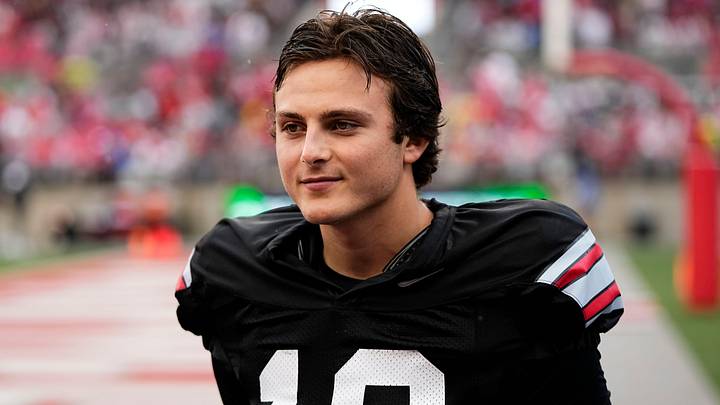 Quarterback Julian Sayin (10) walks across the field during the Ohio State football spring game at Ohio Stadium in Columbus on April 18, 2026.