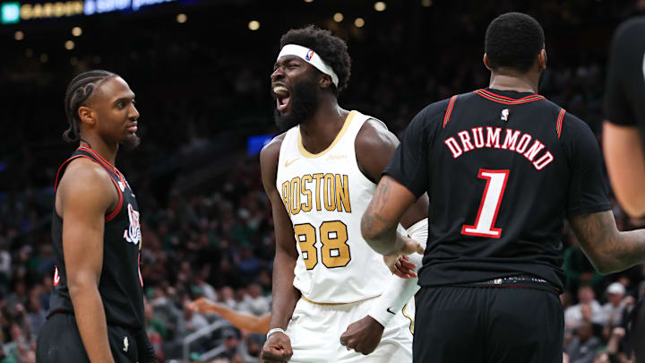 Mar 1, 2026; Boston, Massachusetts, USA; Boston Celtics center Neemias Queta (88) reacts during the second half against the Philadelphia 76ers at TD Garden. Mandatory Credit: Paul Rutherford-Imagn Images