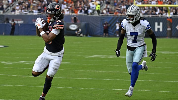 Chicago Bears wide receiver Rome Odunze makes a touchdown catch over Dallas Cowboys cornerback Trevon Diggs.