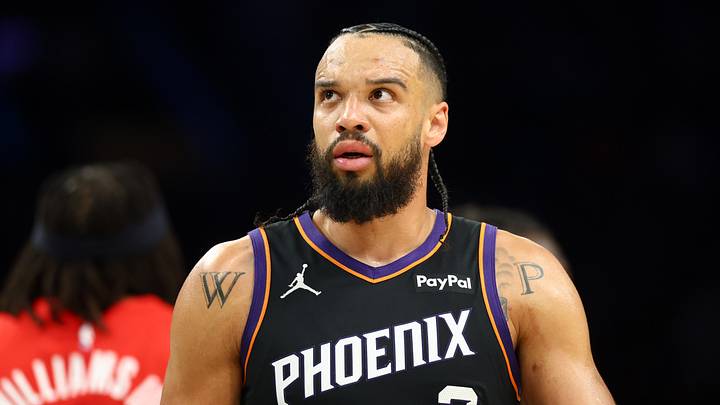 Apr 14, 2026; Phoenix, Arizona, USA; Phoenix Suns forward Dillon Brooks (3) against the Portland Trail Blazers during the play-in rounds of the 2026 NBA Playoffs at Mortgage Matchup Center. Mandatory Credit: Mark J. Rebilas-Imagn Images