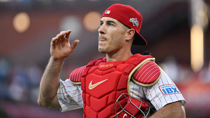 Oct 6, 2025; Philadelphia, Pennsylvania, USA; Philadelphia Phillies catcher J.T. Realmuto (10) walks to the dugout prior to game two of the NLDS round against the Los Angeles Dodgers for the 2025 MLB playoffs at Citizens Bank Park. Mandatory Credit: Eric Hartline-Imagn Images