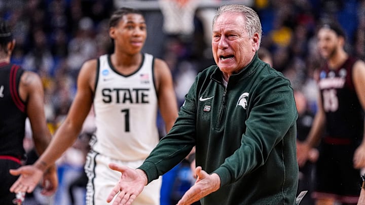 Michigan State head coach Tom Izzo reacts to foul call during the second half of NCAA Tournament Second Round against Louisville at KeyBank Center in Buffalo on Saturday, March 21, 2026.