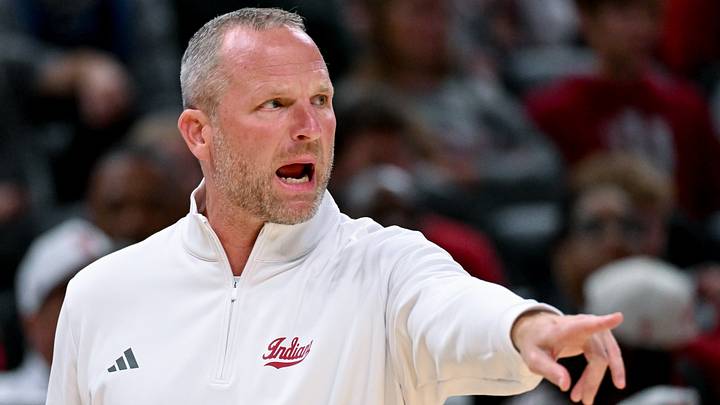 Oct 18, 2026; Indianapolis, IN, USA; Indiana Hoosiers head coach Darian DeVries looks on against the North Carolina Tar Heels during the first half at Gainbridge Fieldhouse. Mandatory Credit: Robert Goddin-Imagn Images