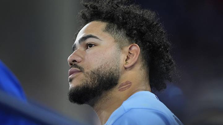 Apr 29, 2026; Toronto, Ontario, CAN; Toronto Blue Jays designated hitter Yohendrick Pinango (24) looks on from the dugout during the sixth inning against the Boston Red Sox at Rogers Centre. 