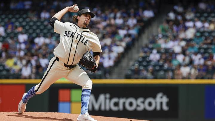 Jun 21, 2026; Seattle, Washington, USA; Seattle Mariners starting pitcher Logan Gilbert (36) throws against the Boston Red Sox during the first inning at T-Mobile Park. Mandatory Credit: Joe Nicholson-Imagn Images