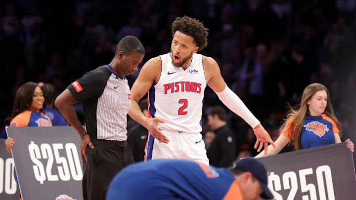 Feb 26, 2024; New York, New York, USA; Detroit Pistons guard Cade Cunningham (2) argues with referee James Williams (60) between the third and fourth quarters against the New York Knicks at Madison Square Garden. Mandatory Credit: Brad Penner-Imagn Images
