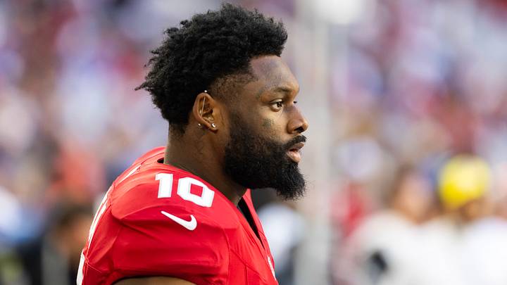 Dec 7, 2025; Glendale, Arizona, USA; Arizona Cardinals linebacker Josh Sweat (10) against the Los Angeles Rams at State Farm Stadium. Mandatory Credit: Mark J. Rebilas-Imagn Images