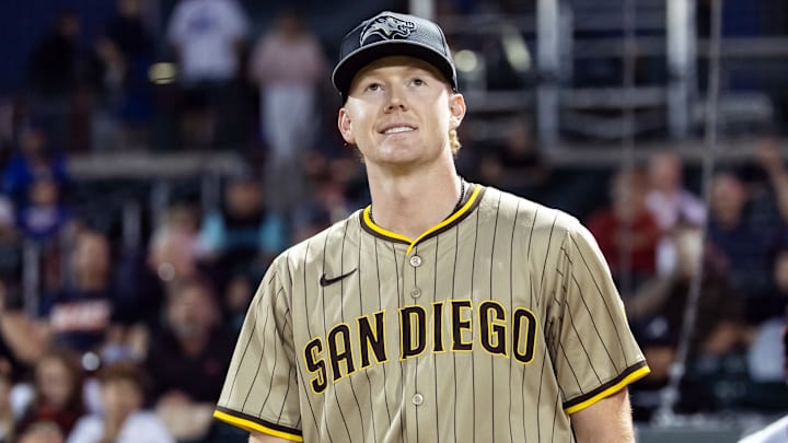Nov 9, 2025; Mesa, AZ, USA; San Diego Padres pitcher Tucker Musgrove during the Arizona Fall League Fall Stars Game at Sloan Park. Mandatory Credit: Mark J. Rebilas-Imagn Images