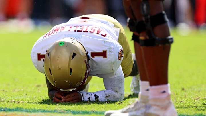 Oct 5, 2024; Charlottesville, Virginia, USA; Boston College Eagles quarterback Thomas Castellanos (1) reacts after fumbling the ball during the third quarter against the Virginia Cavaliers at Scott Stadium. Mandatory Credit: Peter Casey-Imagn Images