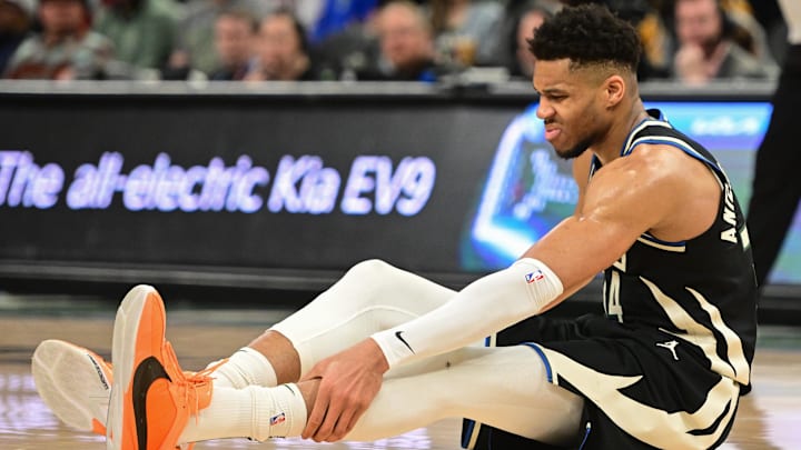 Apr 9, 2024; Milwaukee, Wisconsin, USA; Milwaukee Bucks forward Giannis Antetokounmpo (34); Credit: Benny Sieu-USA TODAY Sports