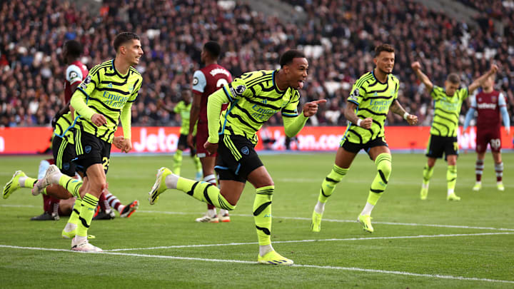 Gabriel celebrates one of Arsenal's four first-half goals Gabriel celebrates one of Arsenal's four first-half goals