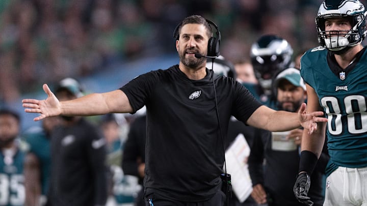 Sep 14, 2023; Philadelphia, Pennsylvania, USA; Philadelphia Eagles head coach Nick Sirianni reacts to an eventual turnover all against the Minnesota Vikings during the second quarter at Lincoln Financial Field. Mandatory Credit: Bill Streicher-Imagn Images