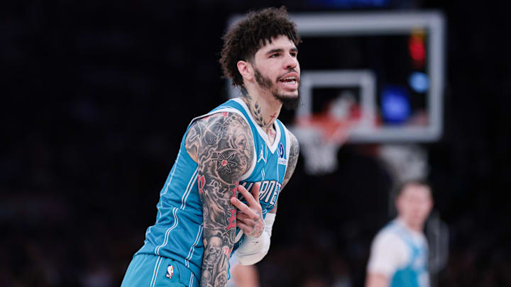 Charlotte Hornets guard LaMelo Ball (1) reacts after a basket against the New York Knicks 