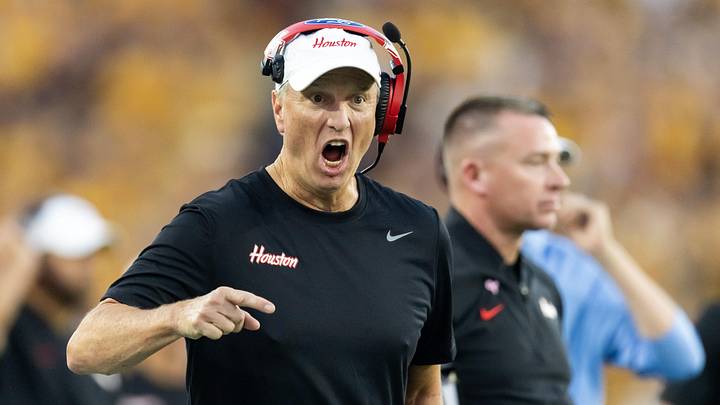 Oct 25, 2025; Tempe, Arizona, USA; Houston Cougars head coach Willie Fritz reacts against the Arizona State Sun Devils at Mountain America Stadium. Mandatory Credit: Mark J. Rebilas-Imagn Images