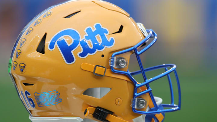 Nov 16, 2024; Pittsburgh, Pennsylvania, USA;  A Pittsburgh Panthers helmet on the sidelines against the Clemson Tigers during the fourth quarter at Acrisure Stadium. Mandatory Credit: Charles LeClaire-Imagn Images