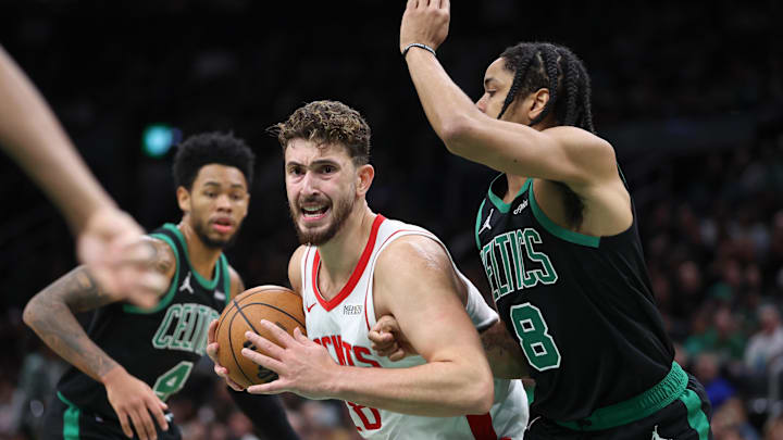 Nov 1, 2025; Boston, Massachusetts, USA; Houston Rockets center Alperen Sengun (28) drives to the basket during the second half against the Boston Celtics at TD Garden. Mandatory Credit: Paul Rutherford-Imagn Images Nov 1, 2025; Boston, Massachusetts, USA; Houston Rockets center Alperen Sengun (28) drives to the basket during the second half against the Boston Celtics at TD Garden. Mandatory Credit: Paul Rutherford-Imagn Images