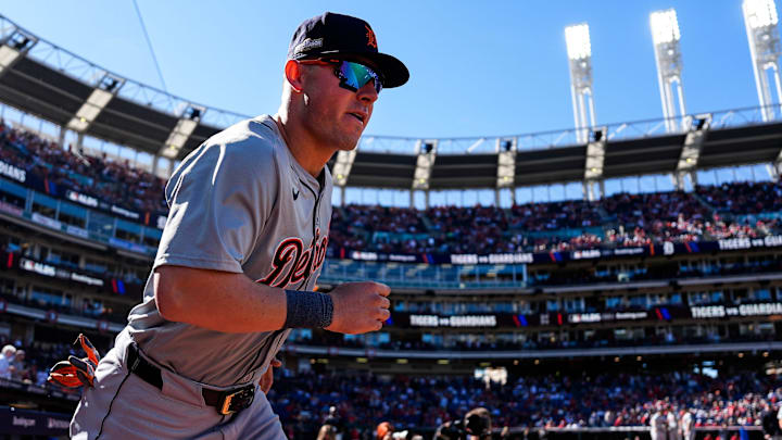 Detroit Tigers first base Spencer Torkelson (20) takes the field for warm up before Game 1 of ALDS against Cleveland Guardians at Progressive Field in Cleveland, Ohio on Saturday, Oct. 5, 2024.