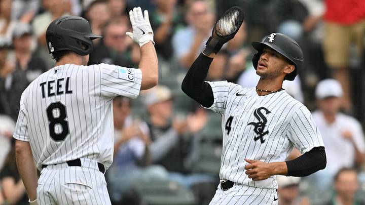 Sep 19, 2026; Chicago, Illinois, USA;  Chicago White Sox right fielder Braden Montgomery (24) celebrates with catcher Kyle Teel (8) after scoring against the Detroit Tigers during the fifth inning at Rate Field.  Mandatory Credit: Patrick Gorski-Imagn Images