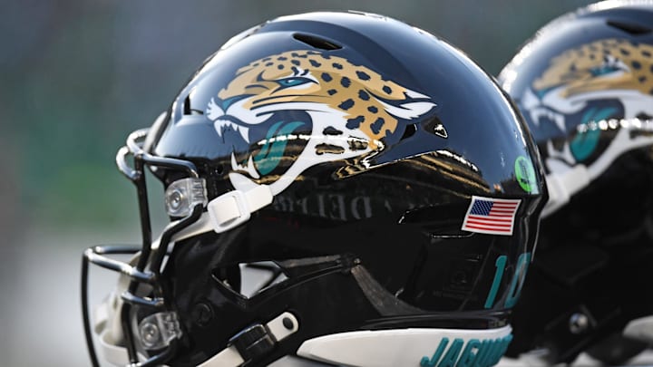 Nov 3, 2024; Philadelphia, Pennsylvania, USA; Jacksonville Jaguars helmets on the sidelines against the Philadelphia Eagles at Lincoln Financial Field. Mandatory Credit: Eric Hartline-Imagn Images