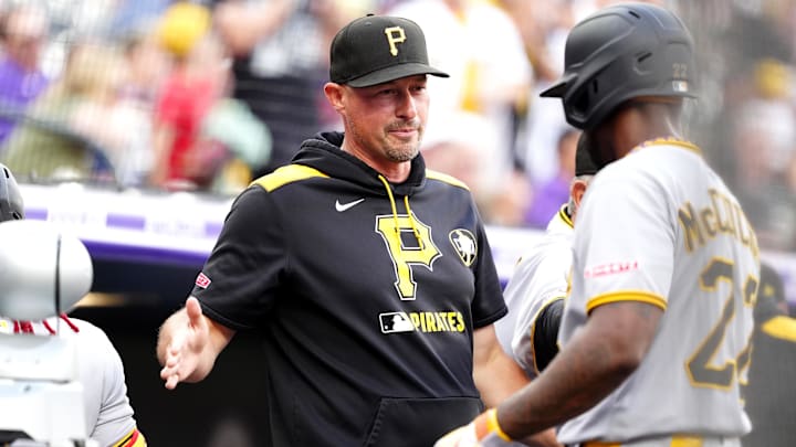 Aug 1, 2025; Denver, Colorado, USA; Pittsburgh Pirates manager Don Kelly (12) during the first inning against the Colorado Rockies at Coors Field. Mandatory Credit: Ron Chenoy-Imagn Images