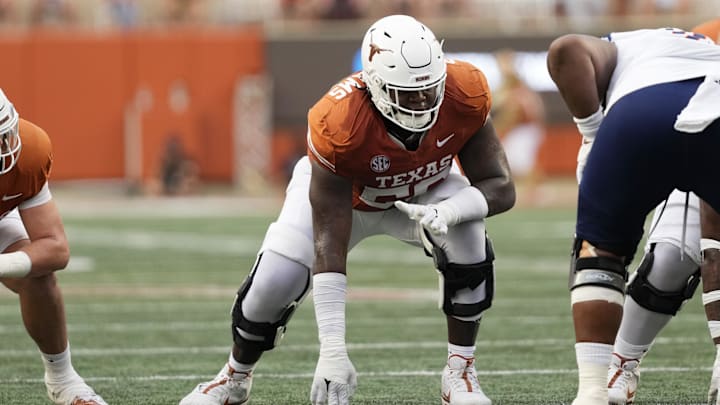 Sep 14, 2024; Austin, Texas, USA; Texas Longhorns offensive lineman Cameron Williams (56) lines up during the first half against the Texas-San Antonio Roadrunners at Darrell K Royal-Texas Memorial Stadium. Mandatory Credit: Scott Wachter-Imagn Images